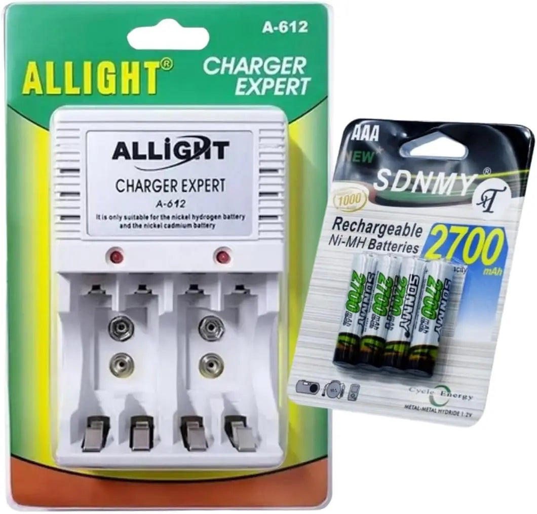 Kit Carregador de Pilhas e Baterias AA/ AAA/ 9v + 4 Pilhas AA 4700mAh Recarregáveis