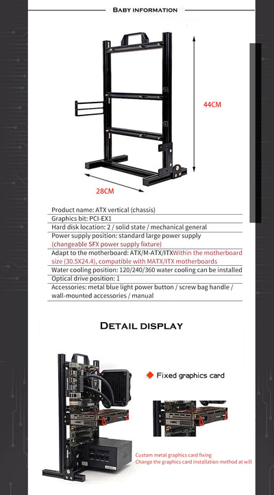 Aluminum Fully Open Case Frame Support ITX / MATX /ATX Motherboard,Vertical Computer Housing PC Water Cooling Gamer DIY Cabinet