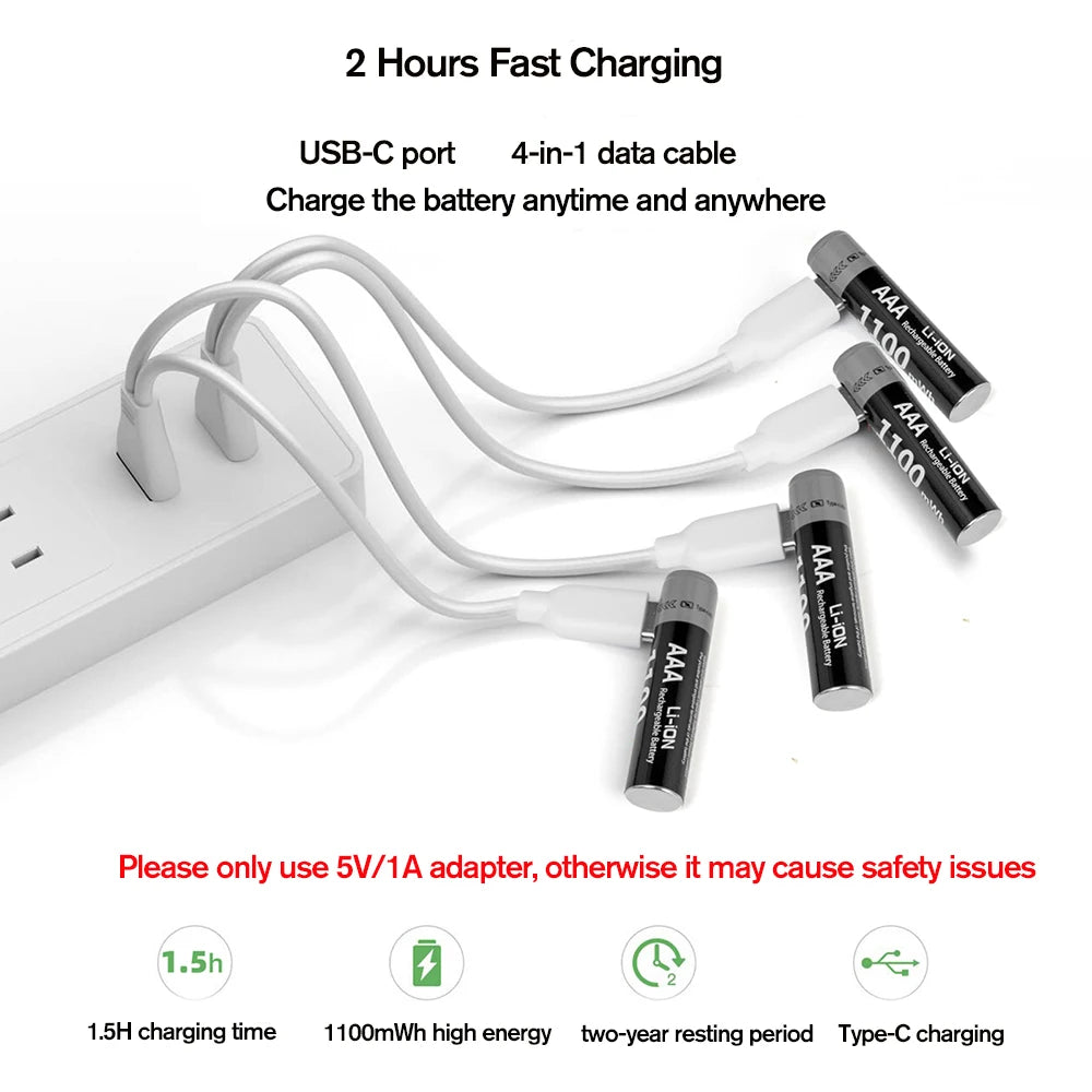 MATOV USB Li-ion AAA Rechargeable Battery Aaa 1.5V 1100mWh Lithium Batteries with 4-in-1 USB Cable for Toys Camera Flashlight