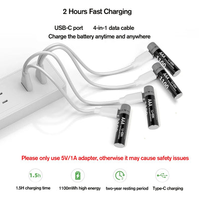 MATOV USB Li-ion AAA Rechargeable Battery Aaa 1.5V 1100mWh Lithium Batteries with 4-in-1 USB Cable for Toys Camera Flashlight