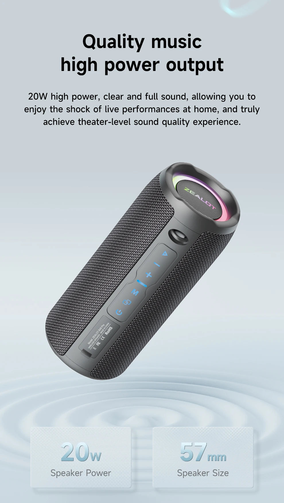 ZEALOT S49PRO 20W Portable Bluetooth Speaker Sound Box Portable IPX6 Waterproof Outdoor Stereo Music Subwoofer Party Speaker