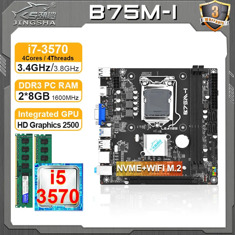 JINGSHA B75M-I mini itx LGA 1155 motherboard set with intel i5 3570 CPU + 2*8GB RAM DDR3 Kit motherboard combo diy computer