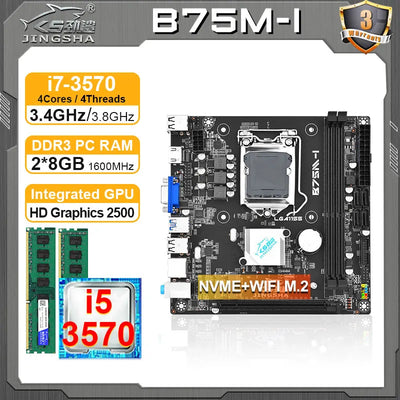 JINGSHA B75M-I mini itx LGA 1155 motherboard set with intel i5 3570 CPU + 2*8GB RAM DDR3 Kit motherboard combo diy computer