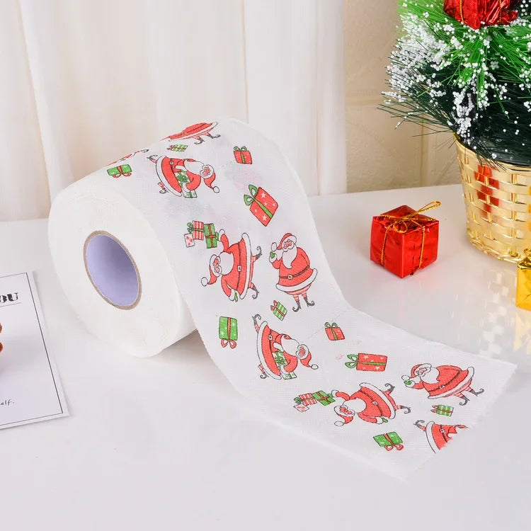 1Roll Christmas Toilet Paper Festival Theme Printed Wood Pulp Toilet Paper Festive Gifts Roll Santa Claus Reindeer Decor Supplie