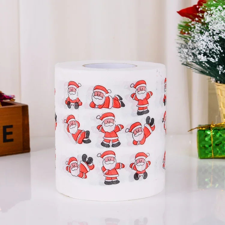 1Roll Christmas Toilet Paper Festival Theme Printed Wood Pulp Toilet Paper Festive Gifts Roll Santa Claus Reindeer Decor Supplie