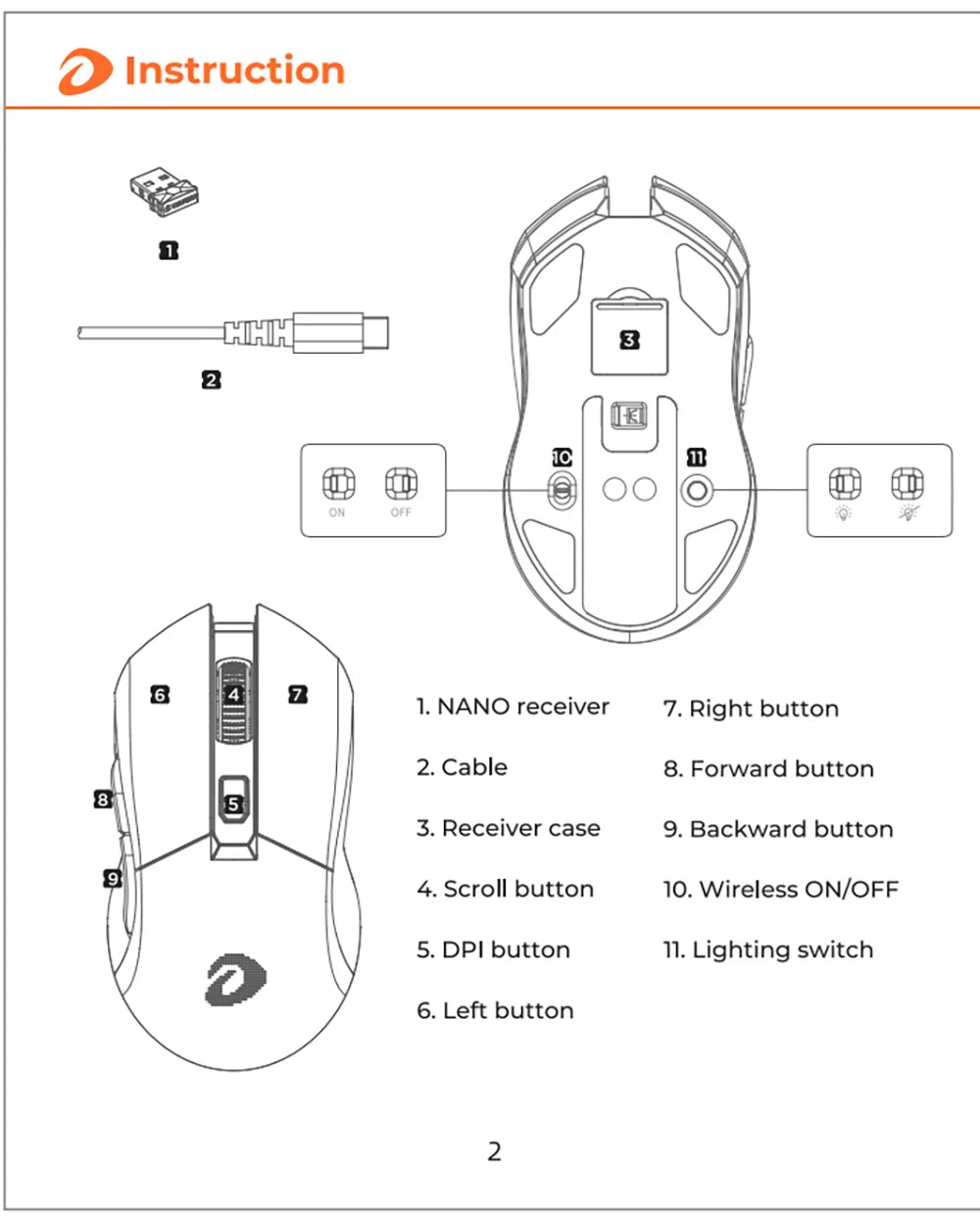 DAREU Dual Modes Gamer Mouse RGB 2.4G Wireless Wired Gaming Mice Built-in 930mAh Recharging Battery with Macro Set for PC Laptop
