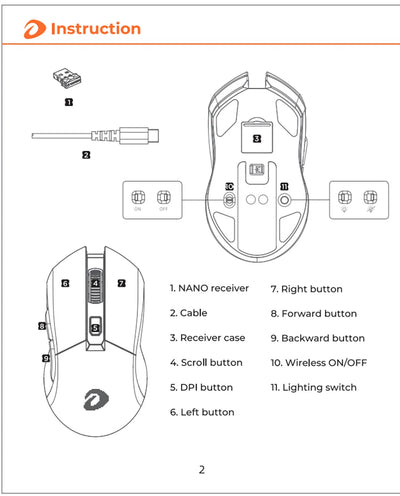 DAREU Dual Modes Gamer Mouse RGB 2.4G Wireless Wired Gaming Mice Built-in 930mAh Recharging Battery with Macro Set for PC Laptop