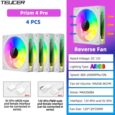 TEUCER Prism4 Pro ARGB Fan 120mm PC Case Fan Kit 4pin PWM CPU Cooling Fans 3pin 5v RGB 12cm Gaming Computer Fan