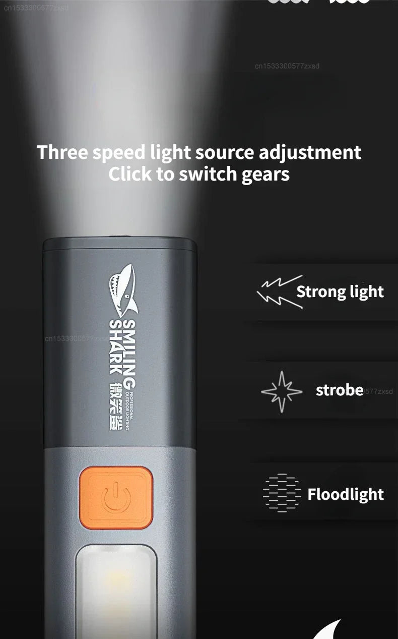 SMILING SHARK Outdoor Flashlight Strong Light Variable Focus with Floodlight Side Lights Mini Flashlight Lamp High Brightness