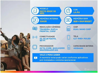 Smartphone Motorola Edge 30 Neo 256GB Lilac 5G Octa-Core 8GB RAM 6,3 ”Camera. Double + Selfie 32MP