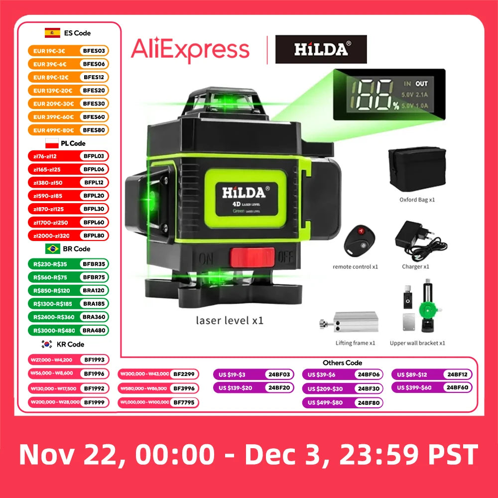 HILDA 16/12 Lines Laser Level Green Line SelfLeveling 360 Horizontal And Vertical Super Powerful Laser Level Green Beam