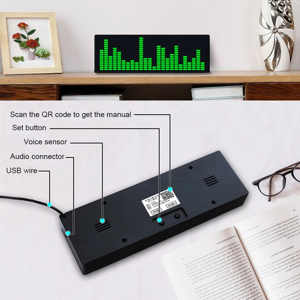 LED music Spectrum rhythm lights voice sensor 1624 RGB atmosphere level indicator with clock display