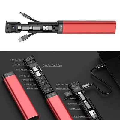 BUDI Multi Function Smart Adapter Data Wire Rod SIM KIT TF Card Memory Reader Storage Case Phone Cradle