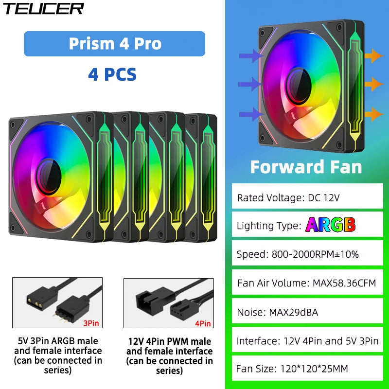 TEUCER Prism4 Pro ARGB Fan 120mm PC Case Fan Kit 4pin PWM CPU Cooling Fans 3pin 5v RGB 12cm Gaming Computer Fan