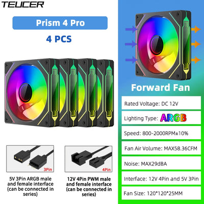 TEUCER Prism4 Pro ARGB Fan 120mm PC Case Fan Kit 4pin PWM CPU Cooling Fans 3pin 5v RGB 12cm Gaming Computer Fan