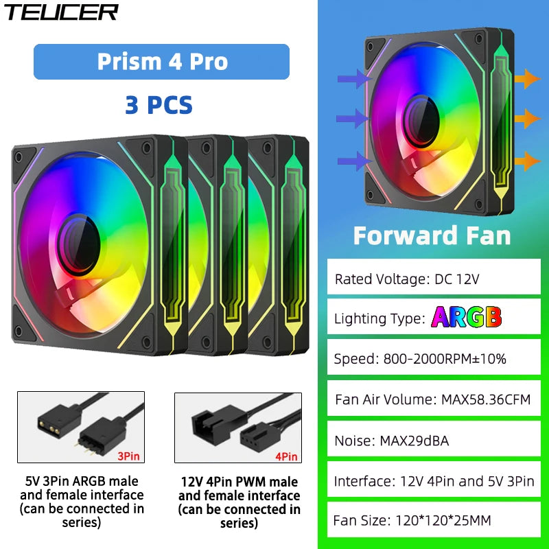 TEUCER Prism4 Pro ARGB Fan 120mm PC Case Fan Kit 4pin PWM CPU Cooling Fans 3pin 5v RGB 12cm Gaming Computer Fan