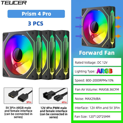 TEUCER Prism4 Pro ARGB Fan 120mm PC Case Fan Kit 4pin PWM CPU Cooling Fans 3pin 5v RGB 12cm Gaming Computer Fan