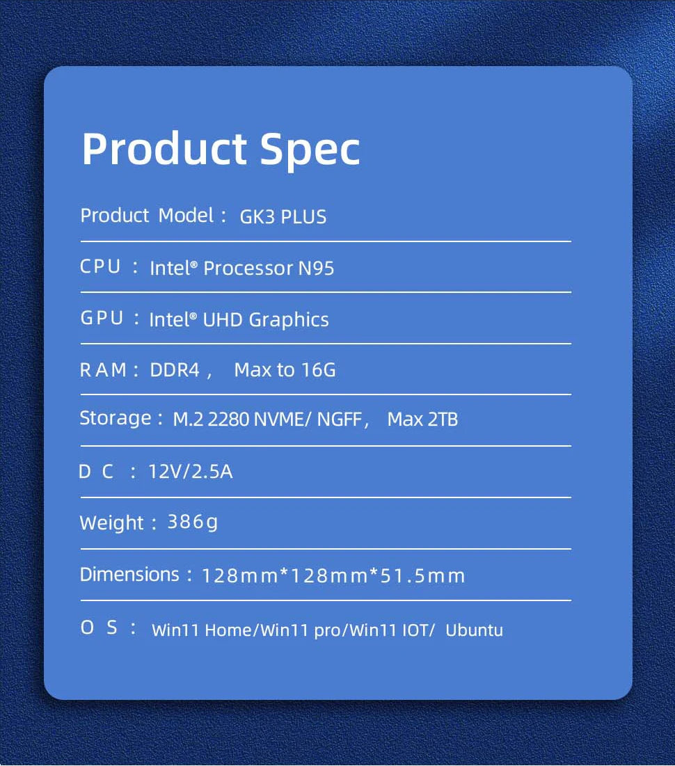 GK3V Mini PC DIY Gaming Computer Intel Alder Lake N100/N95 8GB 16GB 1TB NVMe Windows 11 Pro 4K HD VGA Win 11