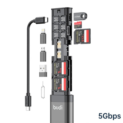 BUDI Multi Function Smart Adapter Data Wire Rod SIM KIT TF Card Memory Reader Storage Case Phone Cradle