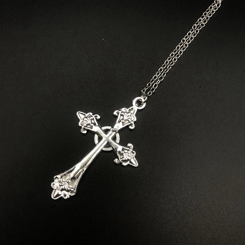 Large Detailed Cross Drill Pendant Jewel Necklace Silver Color Tone Gothic Punk Jewellery Fashion Charm Statement Women Gift(Red