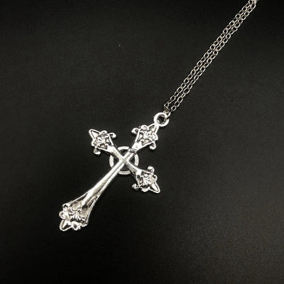 Large Detailed Cross Drill Pendant Jewel Necklace Silver Color Tone Gothic Punk Jewellery Fashion Charm Statement Women Gift(Red