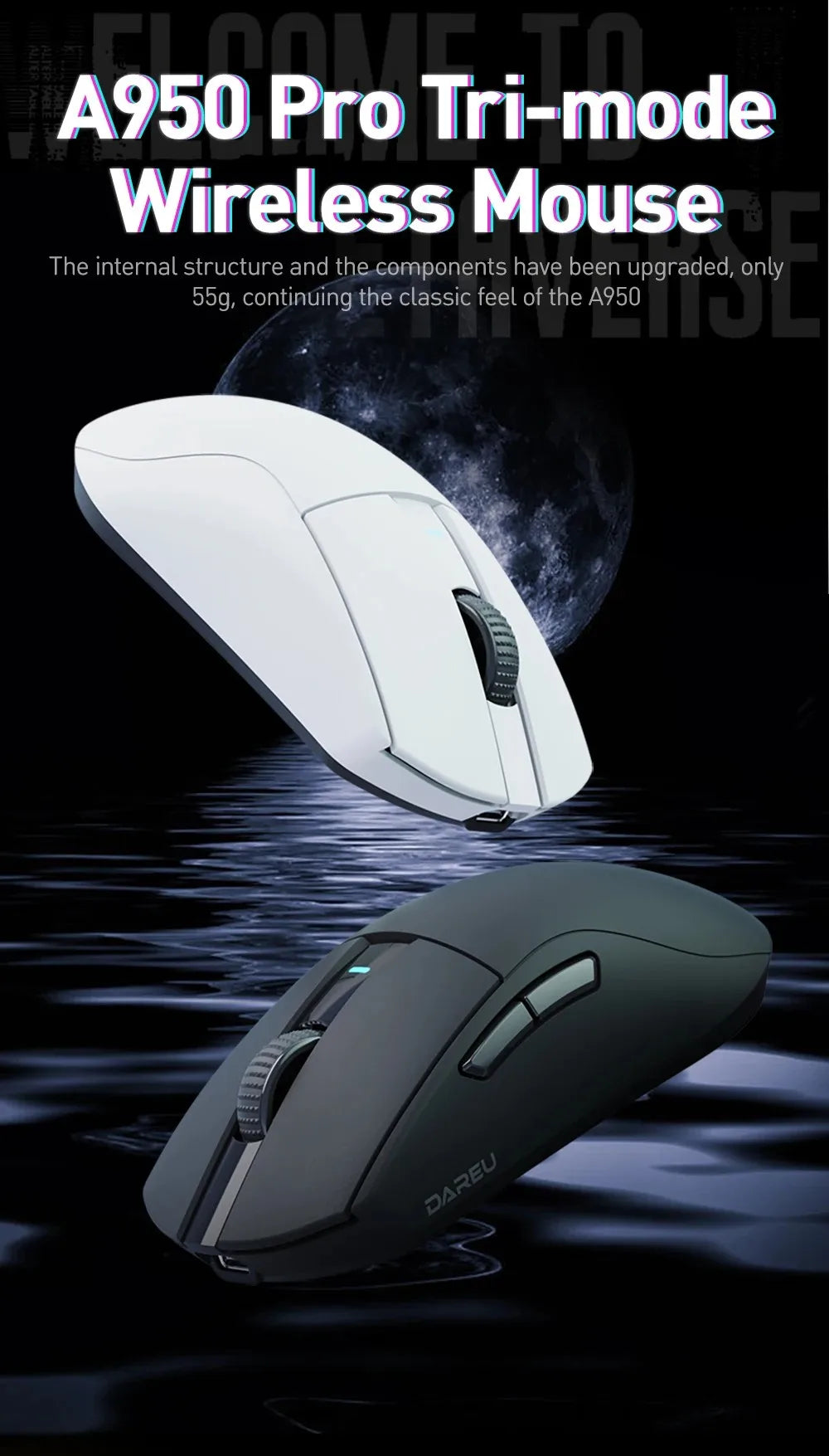 DAREU 4KHz Tri-mode 2.4G Wireless Wired PBT Mouse PAW3395 26000 DPI RGB 6 Programmable Buttons Rechargeable for PC Laptop Gamer