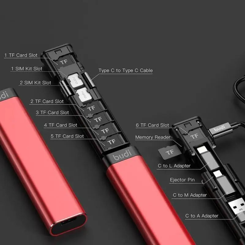 BUDI Multi Function Smart Adapter Data Wire Rod SIM KIT TF Card Memory Reader Storage Case Phone Cradle