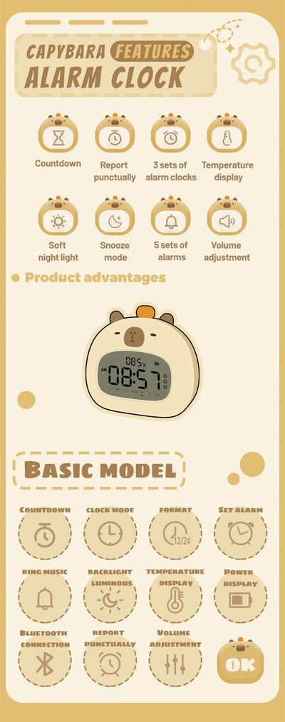 Bedside LED Clock Kids Alarm Clock Children's Sleep Trainier Temperature Display With Rechargeable Control Digital Cute Capybara