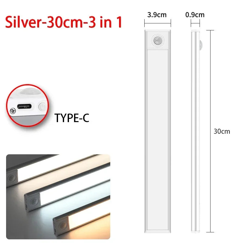 Led night light sensor de movimento sem fio usb armário luz noturna lâmpada para armário de cozinha quarto guarda-roupa 20/30/40/60cm