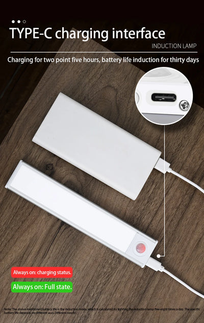 Led night light sensor de movimento sem fio usb armário luz noturna lâmpada para armário de cozinha quarto guarda-roupa 20/30/40/60cm
