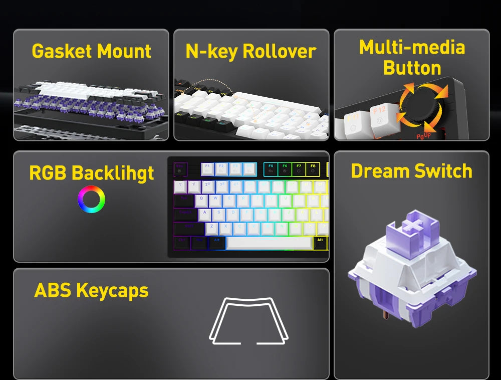 DAREU Wired Gasket Mechanical Keyboard N-Key Rollover Anti-ghosting RGB Backlight Dream switch with Multi Media Button