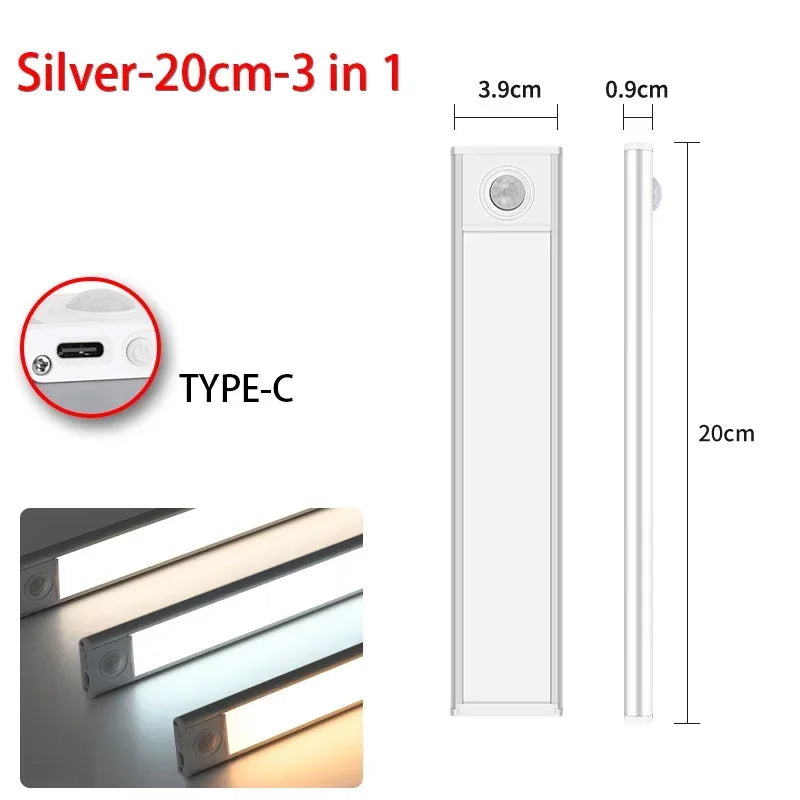 Led night light sensor de movimento sem fio usb armário luz noturna lâmpada para armário de cozinha quarto guarda-roupa 20/30/40/60cm