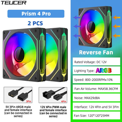 TEUCER Prism4 Pro ARGB Fan 120mm PC Case Fan Kit 4pin PWM CPU Cooling Fans 3pin 5v RGB 12cm Gaming Computer Fan