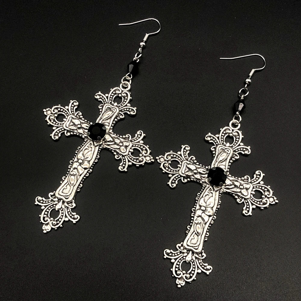 Large Detailed Cross Drill Pendant Jewel Necklace Silver Color Tone Gothic Punk Jewellery Fashion Charm Statement Women Gift(Red