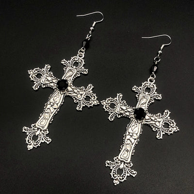 Large Detailed Cross Drill Pendant Jewel Necklace Silver Color Tone Gothic Punk Jewellery Fashion Charm Statement Women Gift(Red