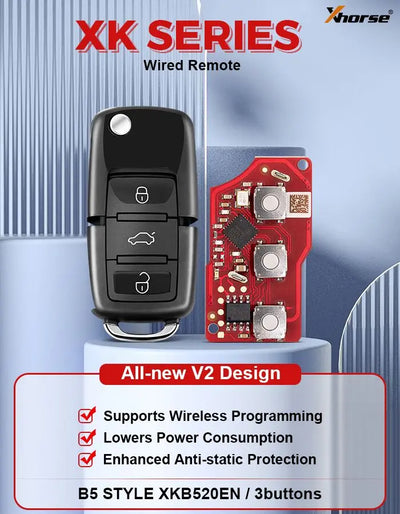 5PCS Xhorse XKB520EN Second Generation Replaced of XKB501EN Wire Remote Key for VW B5 Flip 3 Buttons Supports Wireless Program