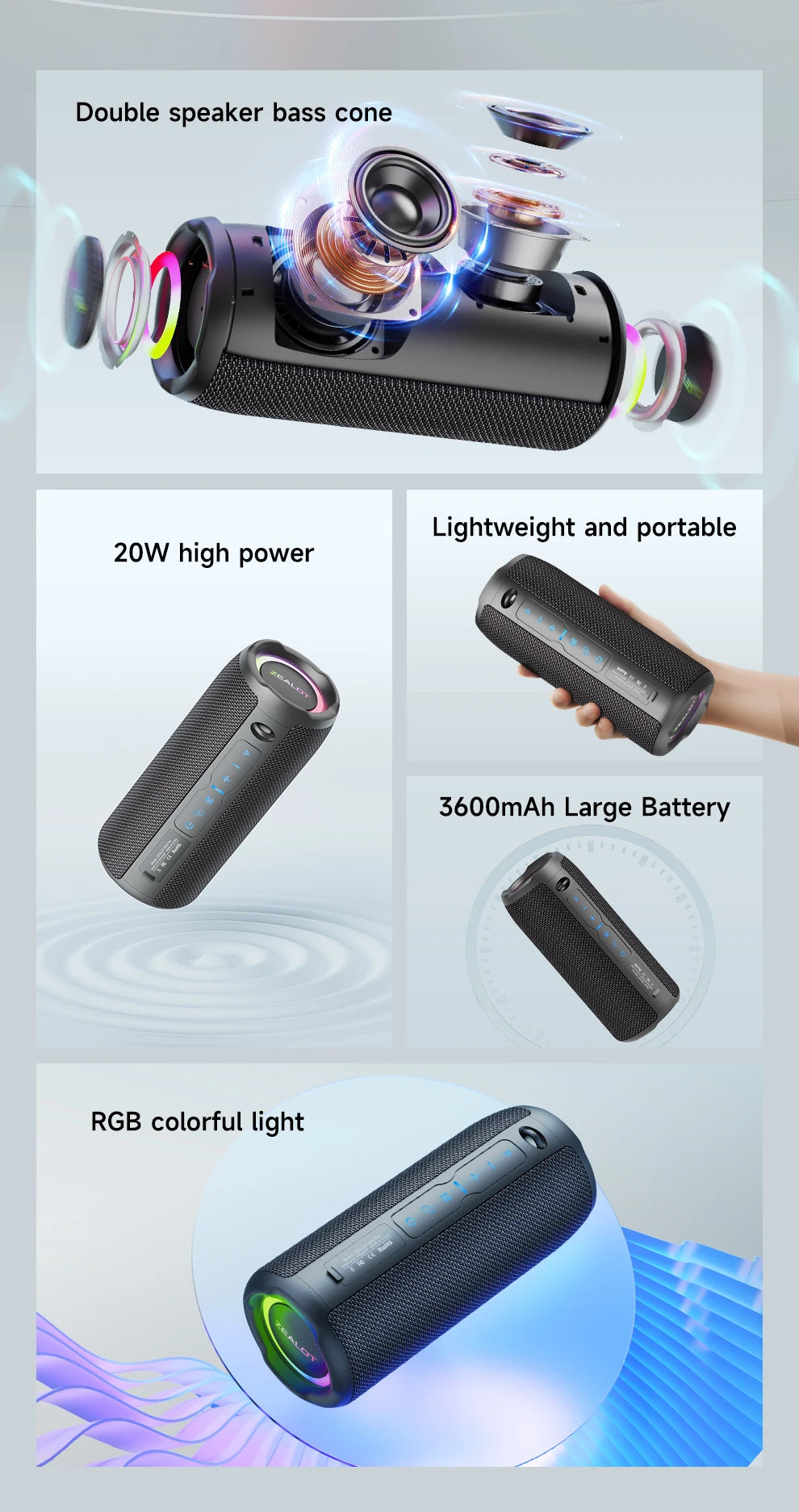 ZEALOT S49PRO 20W Portable Bluetooth Speaker Sound Box Portable IPX6 Waterproof Outdoor Stereo Music Subwoofer Party Speaker