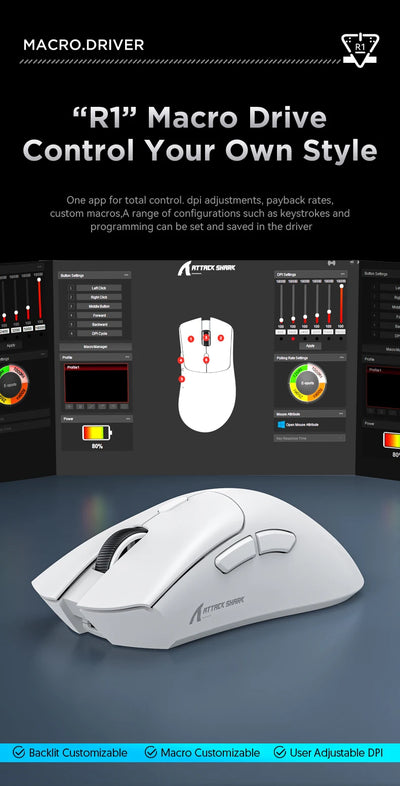 Attack Shark R1 1000Hz Bluetooth Mouse,18000dpi,PAW3311,Tri-mode Connection, Macro Gaming Mouse