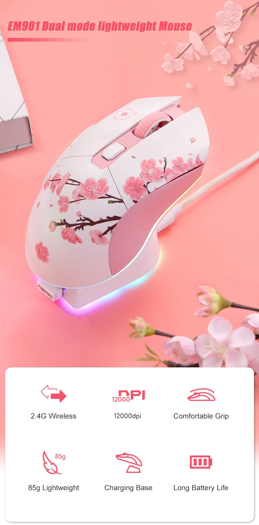 DAREU Dual Modes Gamer Mouse RGB 2.4G Wireless Wired Gaming Mice Built-in 930mAh Recharging Battery with Macro Set for PC Laptop