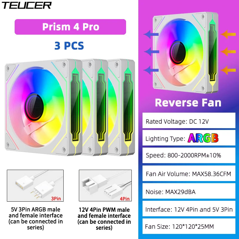 TEUCER Prism4 Pro ARGB Fan 120mm PC Case Fan Kit 4pin PWM CPU Cooling Fans 3pin 5v RGB 12cm Gaming Computer Fan