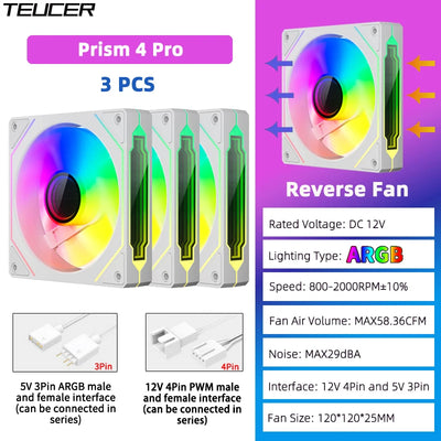 TEUCER Prism4 Pro ARGB Fan 120mm PC Case Fan Kit 4pin PWM CPU Cooling Fans 3pin 5v RGB 12cm Gaming Computer Fan