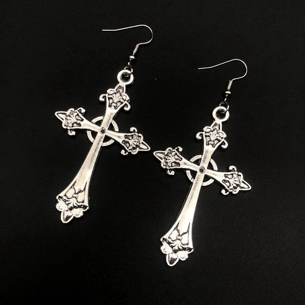Large Detailed Cross Drill Pendant Jewel Necklace Silver Color Tone Gothic Punk Jewellery Fashion Charm Statement Women Gift(Red
