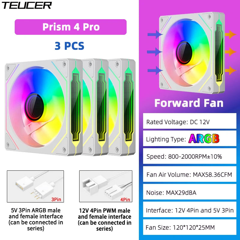 TEUCER Prism4 Pro ARGB Fan 120mm PC Case Fan Kit 4pin PWM CPU Cooling Fans 3pin 5v RGB 12cm Gaming Computer Fan