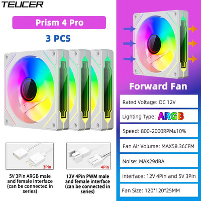 TEUCER Prism4 Pro ARGB Fan 120mm PC Case Fan Kit 4pin PWM CPU Cooling Fans 3pin 5v RGB 12cm Gaming Computer Fan