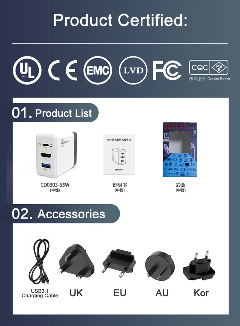 Switch Dock 65W GaN USB C Charger Power 4K HDMI-Compatible Portable Docking Station for Nintendo Switch Laptop iPad Smart Phone