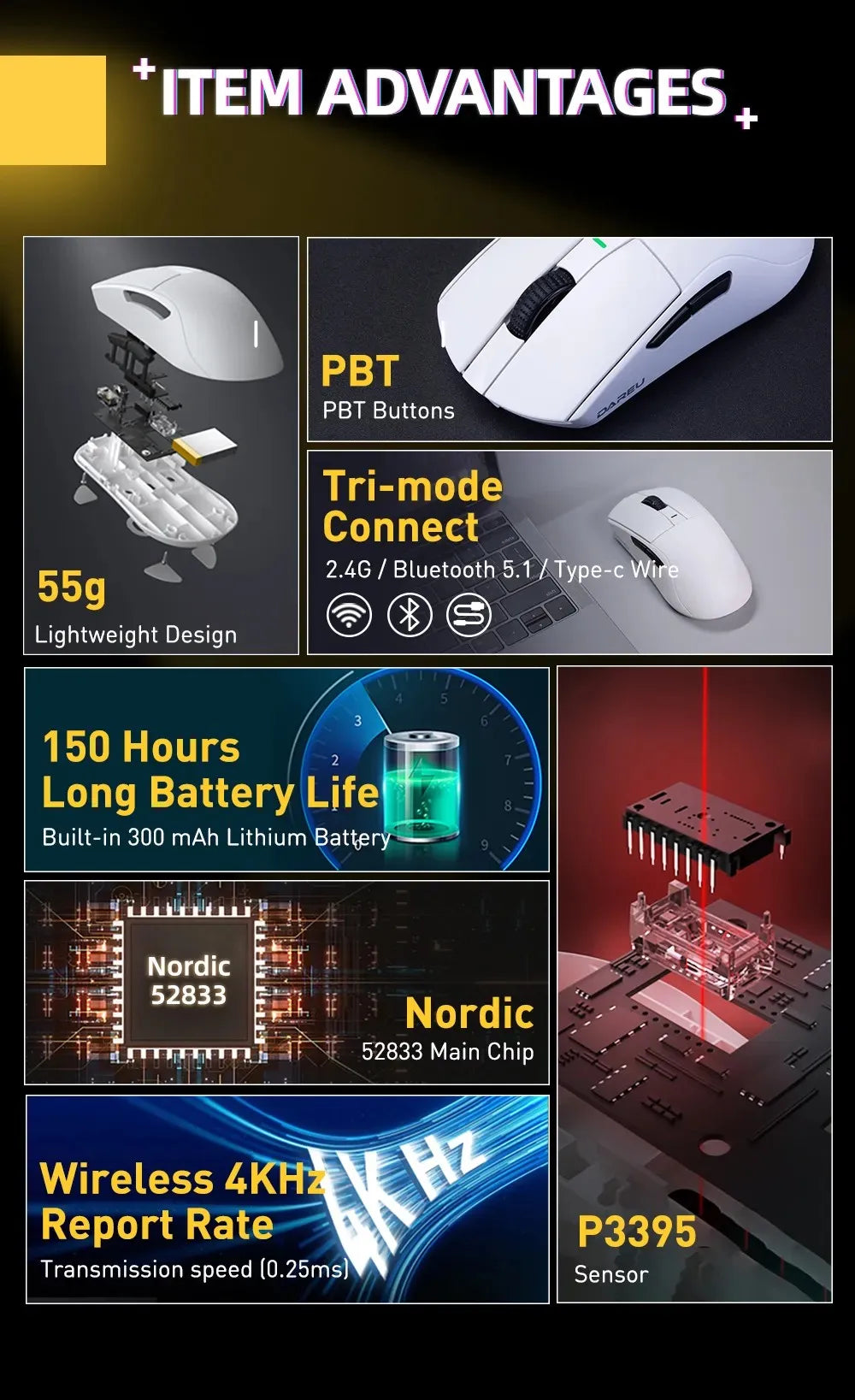 DAREU 4KHz Tri-mode 2.4G Wireless Wired PBT Mouse PAW3395 26000 DPI RGB 6 Programmable Buttons Rechargeable for PC Laptop Gamer