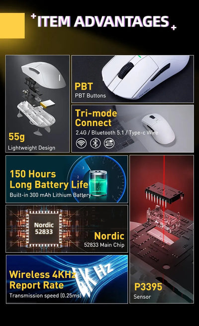 DAREU 4KHz Tri-mode 2.4G Wireless Wired PBT Mouse PAW3395 26000 DPI RGB 6 Programmable Buttons Rechargeable for PC Laptop Gamer