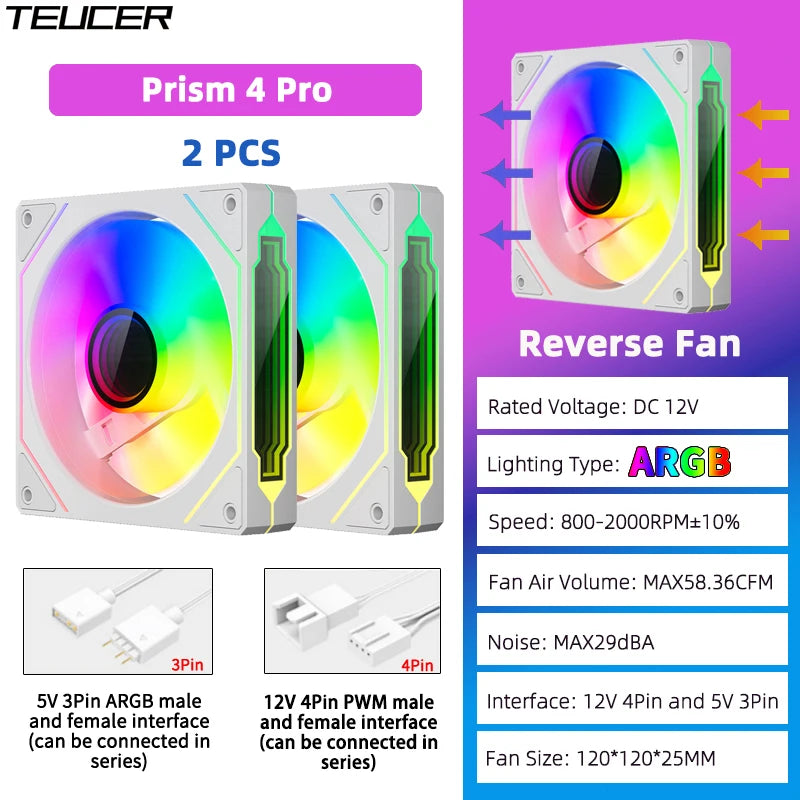 TEUCER Prism4 Pro ARGB Fan 120mm PC Case Fan Kit 4pin PWM CPU Cooling Fans 3pin 5v RGB 12cm Gaming Computer Fan