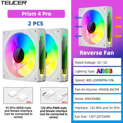 TEUCER Prism4 Pro ARGB Fan 120mm PC Case Fan Kit 4pin PWM CPU Cooling Fans 3pin 5v RGB 12cm Gaming Computer Fan