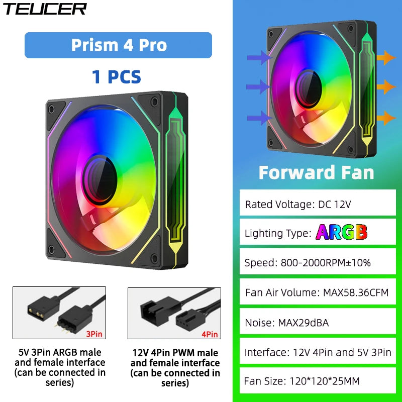 TEUCER Prism4 Pro ARGB Fan 120mm PC Case Fan Kit 4pin PWM CPU Cooling Fans 3pin 5v RGB 12cm Gaming Computer Fan